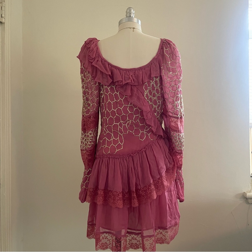 NWT LoveShackFancy Pink and Gold Ruffle Angora Mini Dress - Picture 6 of 10